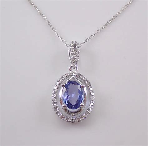 Diamond and Tanzanite Halo Pendant Necklace White Gold 18 Chain Purple