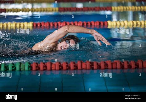 Professional Female Swimmer Swimming The Front Crawl Stroke Freestyle