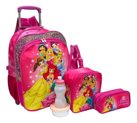 Mochila Infantil Princesas Disney Rodinha G Rosa Lancheira