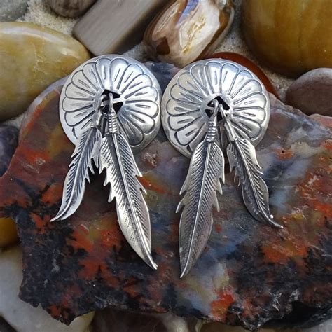 Vintage Navajo Concho Feather Dangle Sterling Pierced Stud Etsy In