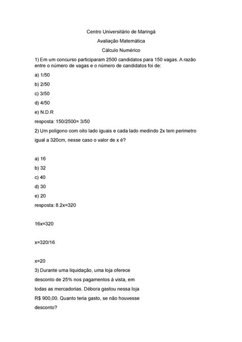 Exame Perguntas E Respostas Centro Universit Rio De Maring
