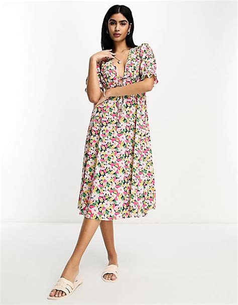 Asos Design Tie Front Chuck On Midi Tea Dress In Black Floral Print Asos