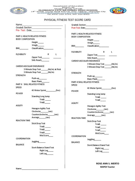 Physical Fitness Test Score Card Pdf Hobbies Sports