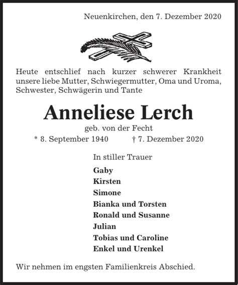 Anneliese Lerch Traueranzeige Cuxhavener Nachrichten