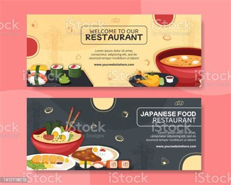 Japanese Food Horizontal Banner Template Flat Cartoon Background Vector