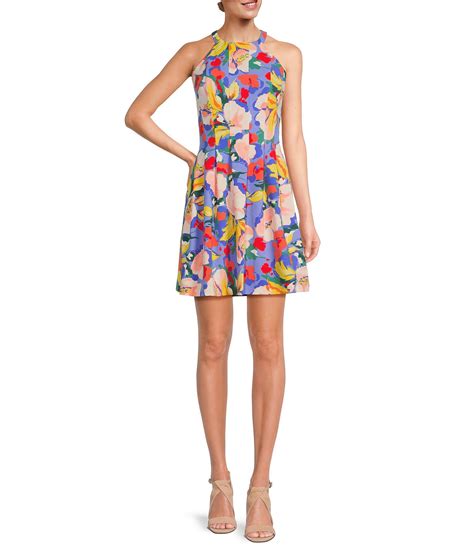 Vince Camuto Floral Print Sleeveless Scuba Halter Crepe Cut Out Fit And