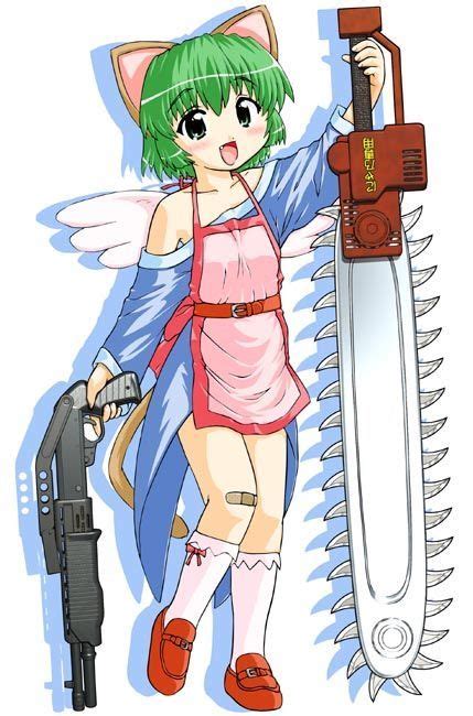 An Anime Character With Green Hair Holding A Large Knife And Wearing A