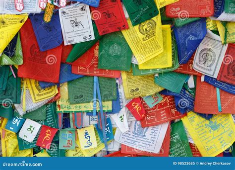 Tibetan Buddhism Prayer Flags Lungta With Om Mani Padme Hum Stock