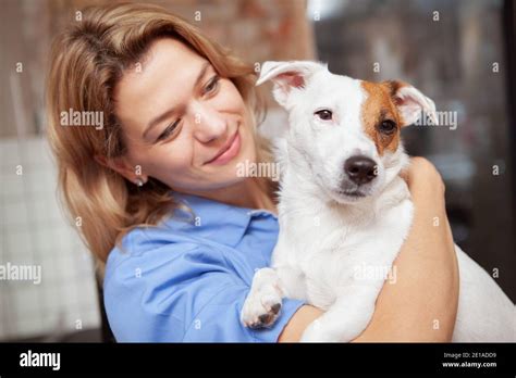 Charming Mature Female Vet Smiling Cuddling With Cute Jack Russel