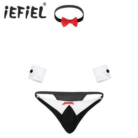 New Arrival Black Mens Butler Lingerie Bow Tie Tuxedo Thong G String Briefs Bikini With Collar