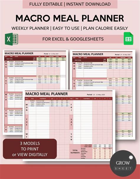 Macro Meal Planner For Excel And Googlesheets Fully Editable Weekly