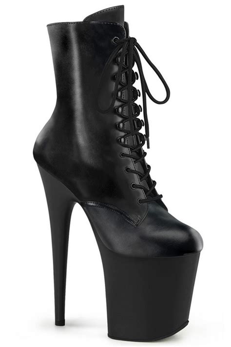 8 Heel Black Faux Leather Lace Up Front Ankle Boots Spicy Lingerie