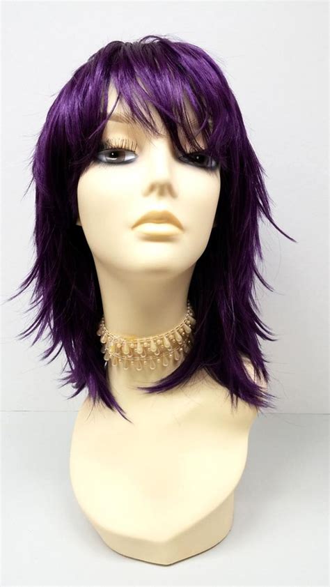 12 Inch Purple Shag Style Wig Straight And Layered W Bangs Etsy