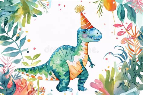 Cute Watercolor Style Tyrannosaurus Rex Dinosaur With Birthday Party