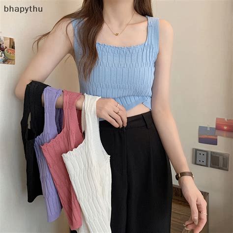 【bha】 Summer Sexy Knitted Camisole Women Solid Color Sleeveless Casual Slim Crop Top Tyu