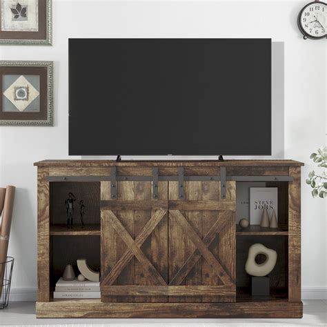 Btmway Farmhouse Barn Door Tv Stand Rustic Oak Sliding Barn Door Tv Console Table