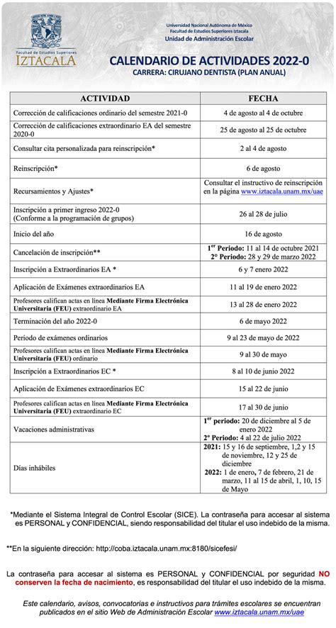 Calendario Escolar Cirujano Dentista