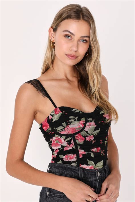 Floral Mesh Bodysuit Black Bustier Bodysuit Black Floral Top Lulus