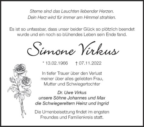 Traueranzeigen Von Simone Virkus M Rkische Onlinezeitung Trauerportal