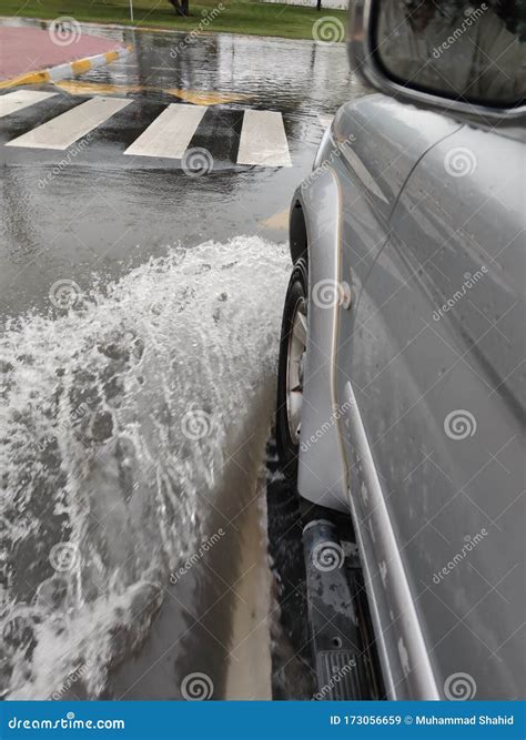 Water Splash Caused By Rolling Suv Parking Lot Jammed After Heavy Rain