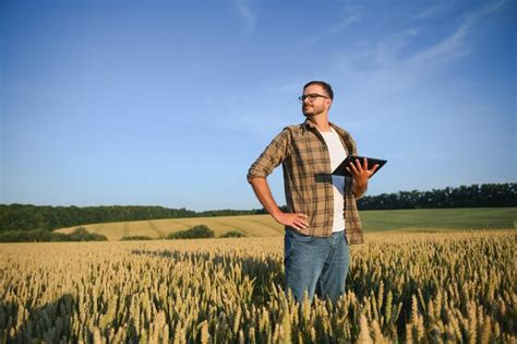 Premium Photo Farmer Examining Crops Crouching In Wheat Farm