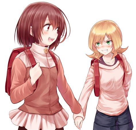 Safebooru 2girls Backpack Bag Blonde Hair Blush Brown Hair Green Eyes Hands Together Multiple