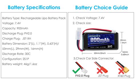 URGENEX Batería Lipo de 7 4 V 2S 30C 900 mAh recargable Lipo batería