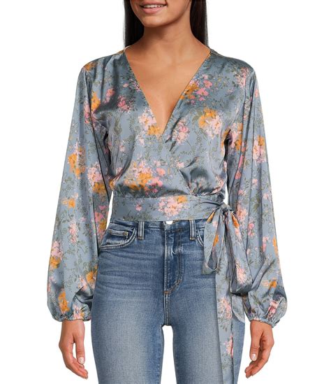 Wayf Floral Print Woven Surplice V Neck Long Blouson Sleeve Wrap Top