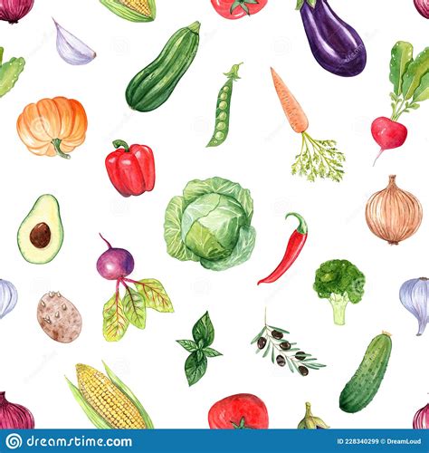 Watercolor Vegetables Seamless Pattern On White Stock Illustration