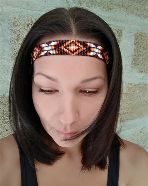 Beaded Headband Authentic Native American Style Black Brown Etsy Uk