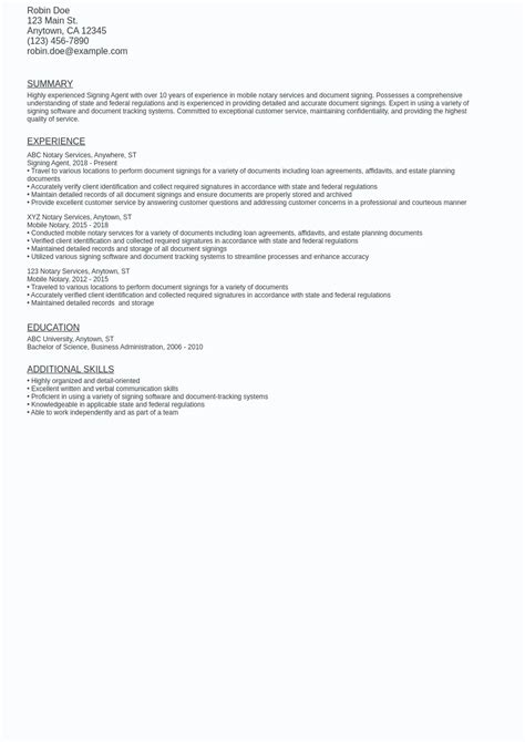 Signing Agent Resume Sample Template Free Download