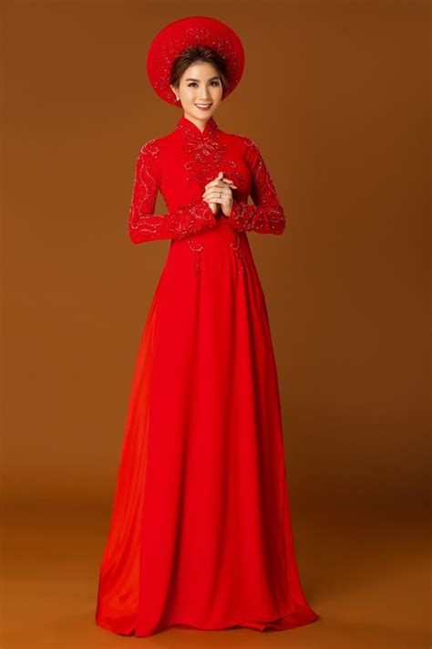 Red Ao Dai Vietnamese Traditional Wedding Dress With Gold