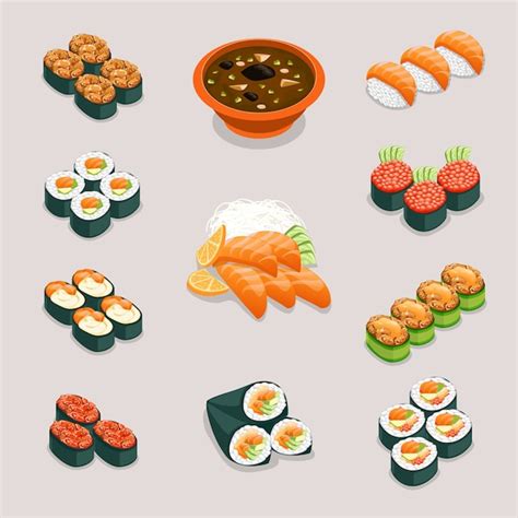 Free Vector Asia Food Icons Rolls And Sushi Miso Soup And Sashimi