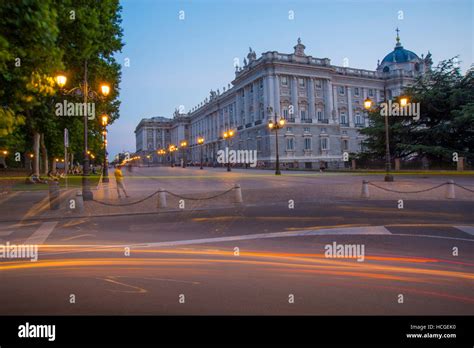 Royal Palace, night view. Bailen street, Madrid, Spain Stock Photo - Alamy