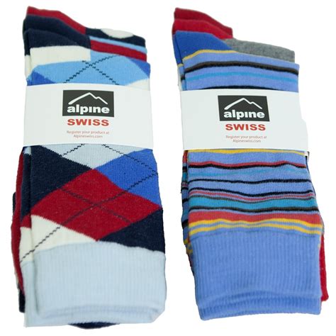 Alpine Swiss Mens Cotton 6 Pack Dress Socks Mid Calf Solid Ribbed Argyle Bright Pack Shoe Size