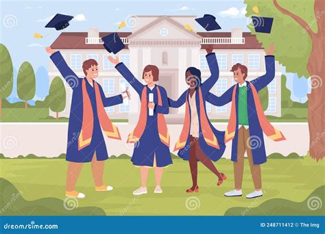 Happy Graduating Students At University Flat Color Vector Illustration