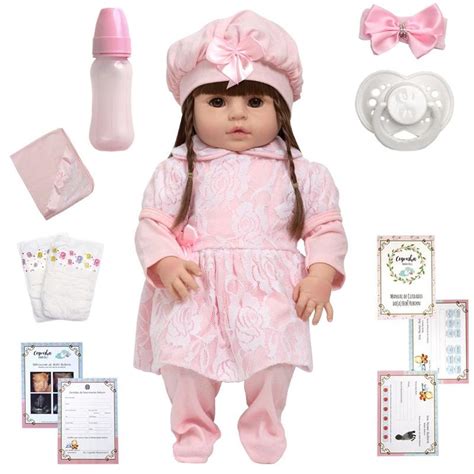 Boneca Estilo Reborn Bonita Olhos Castanhos Kit 13 Itens Cegonha