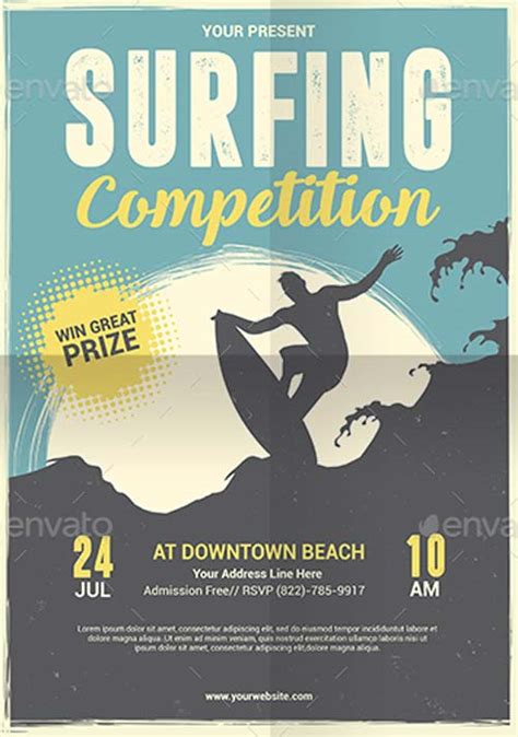 Surfing Competition Flyer And Poster Template For Summer Beach Events