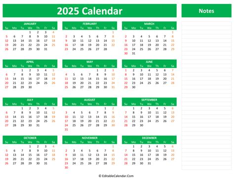 2025 Yearly Calendar With Notes