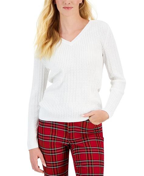 Tommy Hilfiger Womens Cotton Cable Knit V Neck Ivy Sweater Macys