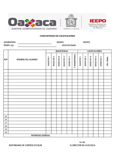 Formato Concentrado De Calificaciones Secundaria