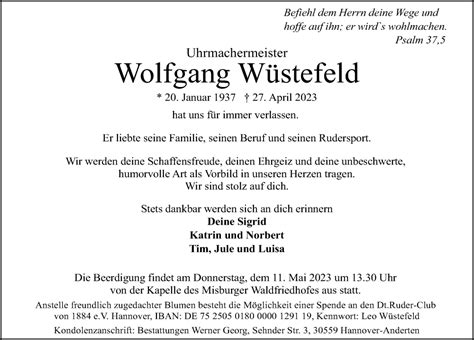 Traueranzeigen Von Wolfgang W Stefeld Trauer Anzeigen De