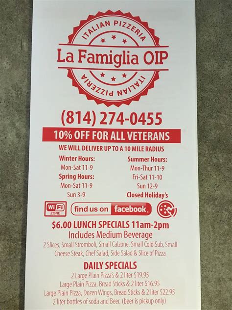 Menu At La Famiglia Oip Pizzeria Coudersport