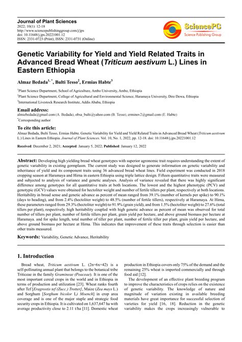 PDF Genetic Variability For Yield And Yield Related Traits In