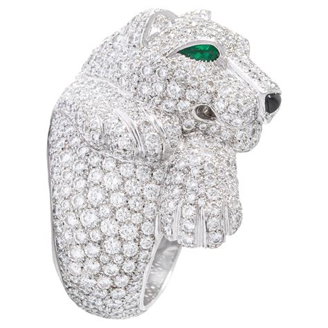 Panthère De Cartier White Gold Diamond Emerald And Onyx Stone Ring At