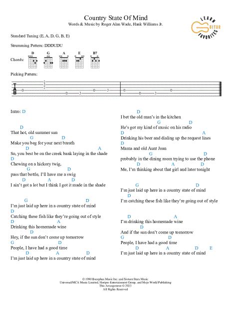 Learn Guitar Favorites Country State Of Mind Guitar Tab In D Major