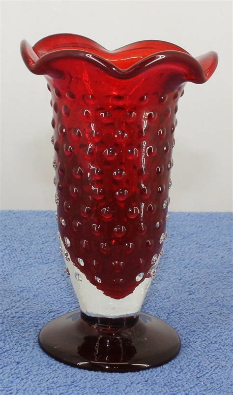 6 Red Glass & Clear Glass Art Glass Hobnail Vase Petal Top - Etsy
