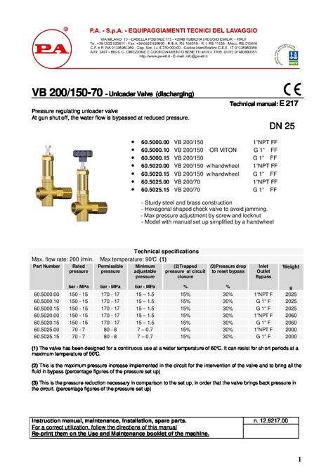 Pa Vb Unloader Valve Psi