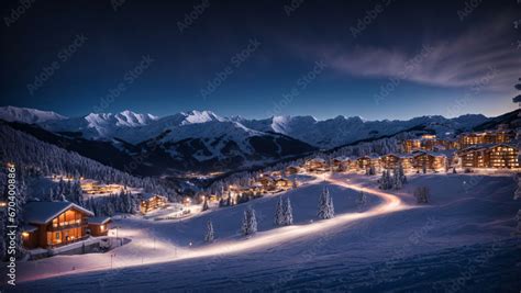 Ski resort at night, A vibrant ski resort with brightly lit slopes and ...