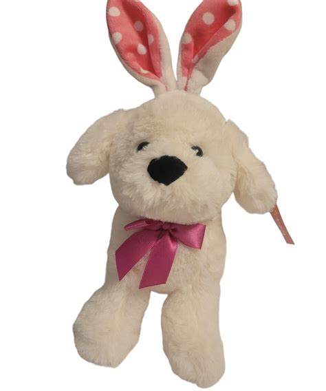 Gitzy White Soft Easter Puppy Dog Plush Stuffed Animal Bunny Ears Polka